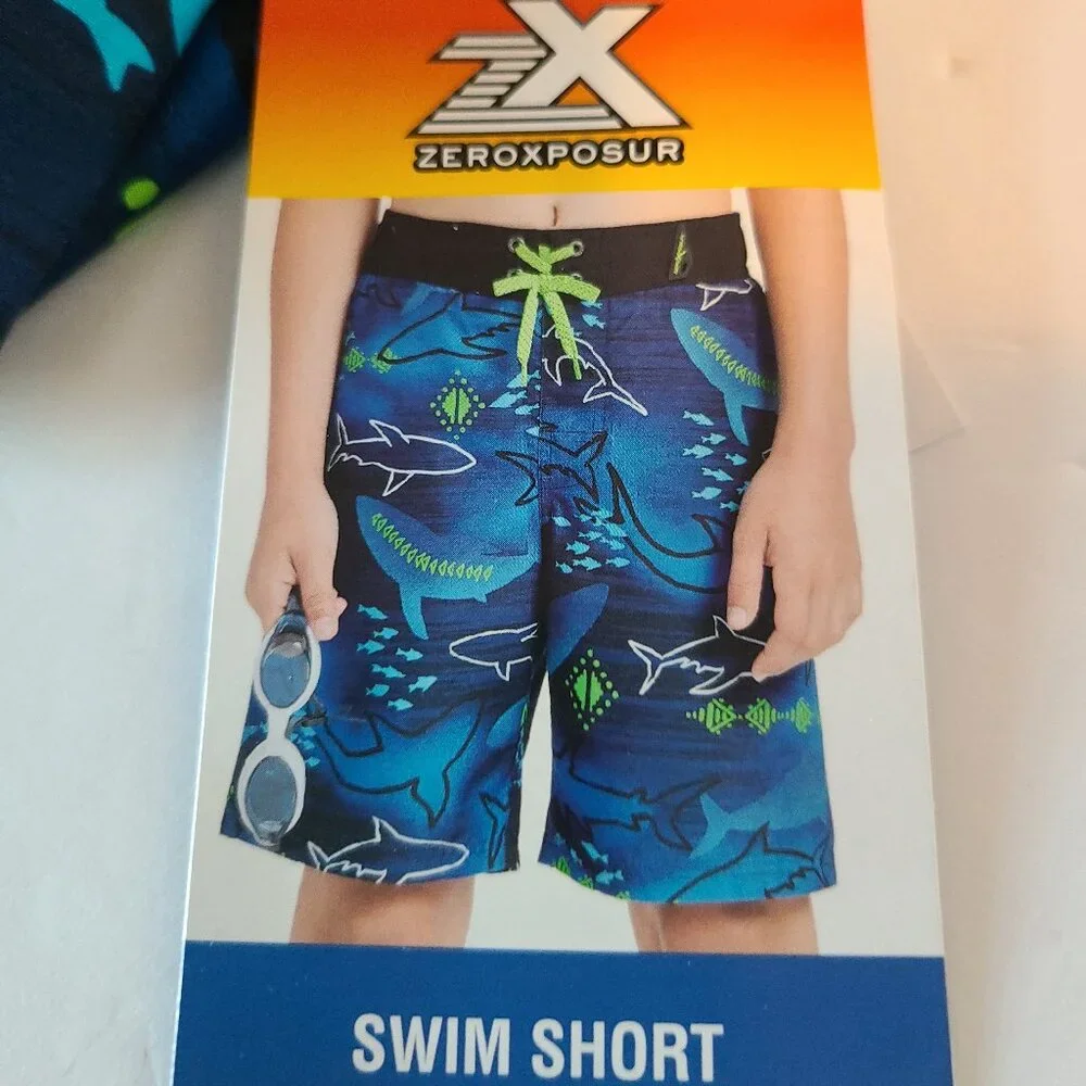 ZEROXPOSUR SWIM SHORTS & GOGGLES-UPF50+-TEAL SHARK MOTIF-SIZE 6/7